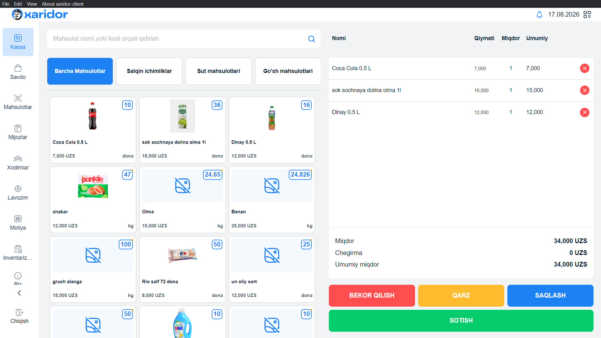 Xaridor point-of-sale checkout screen